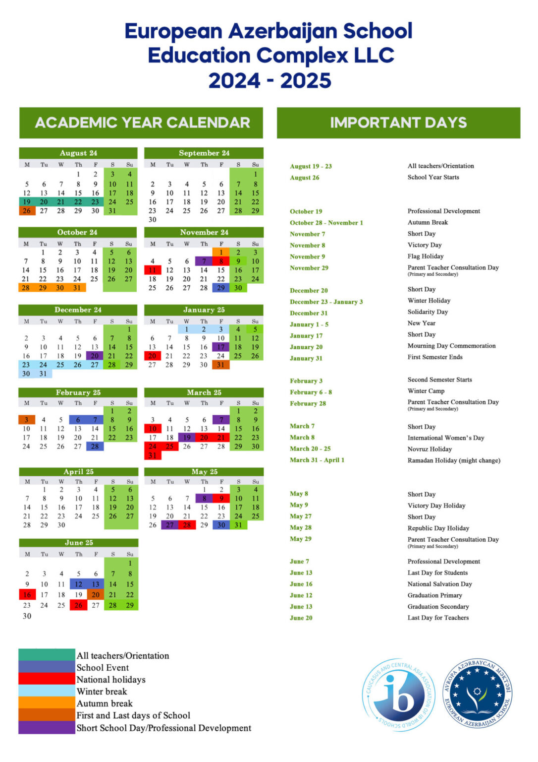 Calendar 20242025 EUROPEAN AZERBAIJAN SCHOOL